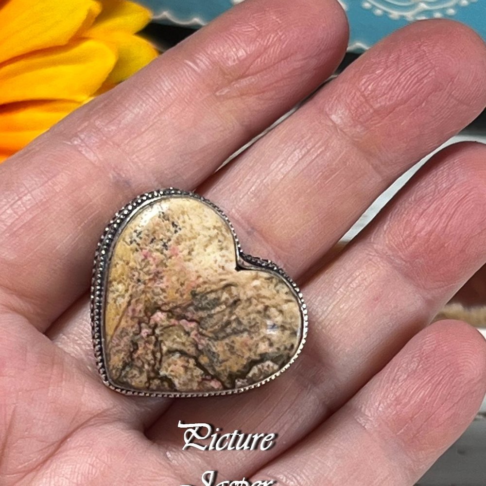 Picture Jasper Ring Heart Handmade Gemstone Crystal Antique Design 925 Silver - Picture 4 of 11